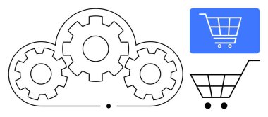 Birbirine kenetlenmiş vitesli bulut iskeleti bir alışveriş arabasına ve çevrimiçi dükkan simgesine bağlı. E-ticaret, otomasyon, teknoloji, bulut hesaplama, çevrimiçi alışveriş, dijital iş için ideal