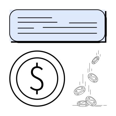 Üzerinde soyut dolar simgesi ve düşen paralar olan mavi metin kutusu. Finans, tasarruf, ekonomi, ödeme, yatırım, nakit akışı ve bütçe için ideal. Düz basit metafor