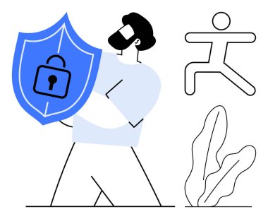 Kilitli mavi bir kalkan taşıyan bir adam, gizlilik korumasını simgeliyor. Şekil verilmiş insan figürü ve bitki detayları. Siber güvenlik, koruma, güven, güvenlik, veri, teknoloji dairesi için ideal