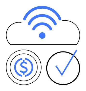 Kablosuz sembollü bulut simgesi, dolar işareti çemberi ve işaretleme çemberi. Bağlantı, finans, işlem, güvenlik ve teknoloji onaylama hizmetleri için ideal. Düz basit metafor