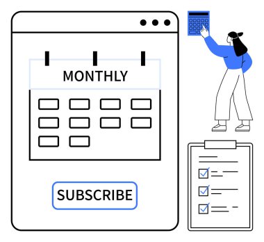 Abonelik düğmesi, kontrol listesi, hesap makinesi ile kullanıcı planlaması olan bir takvim. Program, bütçe, abonelik hizmetleri, görev öncelikleri, zaman yönetimi, hedef belirleme verimliliği için ideal