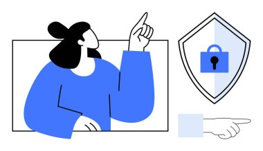 Yukarıya doğru bakan bir kadın, mavi asma kilit kalkanının altını çiziyor. Sağ el solu gösteriyor. Siber güvenlik, veri koruması, mahremiyet, İnternet güvenliği, farkındalık, güvenlik tedbirleri için ideal bilişim çözümleri