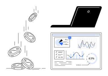 Geliri, grafikleri, grafikleri ve ilerleme takibini temsil eden dizüstü bilgisayarlara doğru para düşüyor. Finans, analitik, yatırım, kâr pazarlama teknolojileri için idealdir. Düz basit metafor