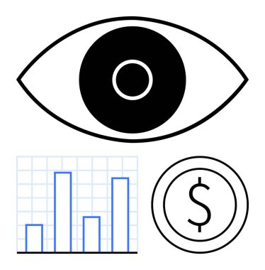Çubuk grafik ve dolar işaretleriyle çevrili odak noktası olan gözler analiz, izleme ve ekonomik büyümeyi gösteriyor. Finans, analiz, pazarlama, vizyon, araştırma veri ekonomisi için ideal. Düz basit