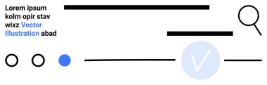 Büyüteçle arama çubuğu, yer tutucu metin, ilerleme çizgileri, bir mavi ile dairesel göstergeler, ve bir kontrol işareti. UXUI tasarımı, web geliştirmesi, arama işlevselliği ve veri ilerlemesi için ideal