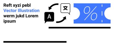 Dil çeviri okları, konuşma baloncukları ve yüzde işaretli indirim kuponu. Pazarlama, e-ticaret, dil hizmetleri, küresel iletişim, finansal kavramlar için ideal