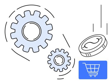 Büyük ve küçük vitesler hareket halinde, bir bozuk para ve bir alışveriş arabası otomasyon, para ve ticaret kavramlarını çağrıştırıyor. E-ticaret, finans, teknoloji, otomasyon lojistik alışverişi için ideal
