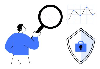 Büyüteç tutan adam veri grafiğini inceliyor. Yakınlarda, kilit simgesi olan kalkan veri güvenliğini temsil ediyor. Veri analizi, siber güvenlik, mahremiyet, araştırma, koruma, analitik için ideal