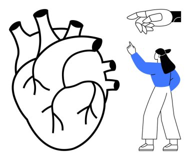 Anatomik kalp çizimi, mekanik el uzatmak ve teknolojinin ve insan ilişkilerinin altını çizen bir kişi. Sağlık, eğitim, bilim, yenilik ve yaratıcılık için ideal