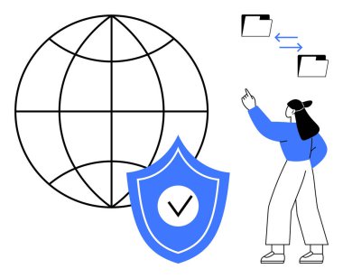 Kadın veri klasörleri ile etkileşime giriyor, koruma için işaretli kalkan ve küresel bağlantı sembolü. Siber güvenlik, veri transferi, bulut depolama, gizlilik, şifreleme, çevrimiçi güvenlik için ideal