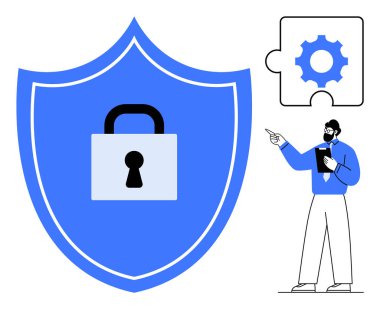 Kilitli mavi kalkan güvenliği temsil ediyor. Adam yapboz parçasına işaret ediyor. İçinde ekipman var. Siber güvenlik, veri koruması, takım çalışması, yenilik, problem çözme, strateji, düz basit