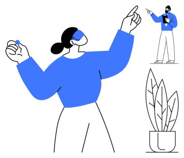 Bir elinde küçük bir nesne tutan kadın yukarı doğru hareket ediyor. Arka planda bir adam el kol hareketi yaparak yön tarifi sunuyor. Onların yanında saksı bitkisi var. Takım çalışması, iletişim, rehberlik için ideal