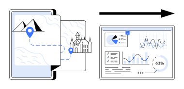 Haritayı güzergah ve sınır işaretleriyle gösteren tablet, harita ve analizlerle ekrana geçiyor. Teknoloji, seyahat, veri işleme, analitik, navigasyon, yenilik için ideal, düz basit metafor