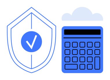 Kontrol işareti, hesap makinesi ve bulut işaretli kalkan dijital güvenlik, bulut teknolojisi ve veri hesaplamaları. Güvenlik, teknoloji, bulut hesaplama, veri analizi koruması için ideal