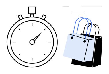 Kol saati iki alışveriş çantasının yanında 2 oktav olduğunu gösteriyor. E-ticaret, hızlı alışveriş, verimlilik, zaman tasarrufu, modern tüketim, çevrimiçi perakende, satış için ideal. Siyah beyaz mavi soyut çizgi düz