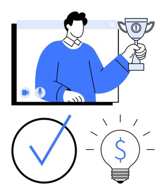 Video çağrı penceresinde bir kupa, bir işaret ve dolar işareti olan bir ampul tutan kişi. Çevrimiçi başarı, yenilik, tanınma, motivasyon, başarı ve iş stratejisi için ideal