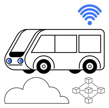 Kablosuz sinyali, bulut şekli ve akıllı ulaşımı sembolize eden teknoloji ağı diyagramına sahip gelecekçi bir otobüs. AI, IOT, hareketlilik, bulut teknolojisi, otomasyon bağlantısı sürdürülebilirliği için ideal. Düz