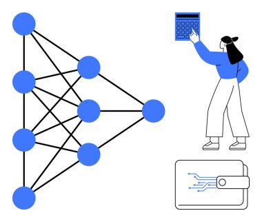 Sinirsel ağ şeması, kadın hesap makinesiyle etkileşime giriyor ve dijital cüzdan grafiği. Teknoloji, yapay zeka, finans, bilgisayar, veri analizi dijital işlemler eğitimi için idealdir. Düz basit