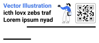 Akıllı telefon ve çanta tutan kadın QR kodu ile etkileşimde. Metin blokları ve temiz tasarım. Teknoloji, perakende, pazarlama, modern iletişim, uygulamalar, dijital ödemeler, düz iniş sayfası için ideal