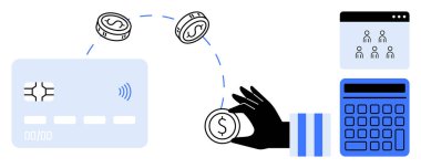 Kredi kartı ve çevrimiçi arayüz arasında el hareketi bozuklukları. Finans, para transferi, e-ticaret, bütçe, ödeme sistemleri, dijital bankacılık, ekonomik planlama için ideal. Düz basit metafor