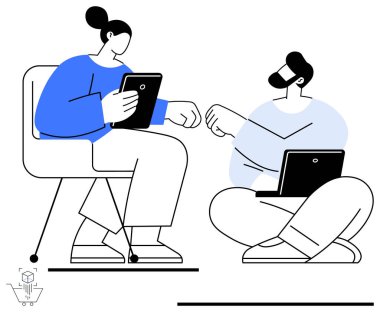 Erkek ve kadın iş arkadaşları takım çalışması, teknoloji, yenilik, birlikte çalışma, eğitim, profesyonel etkileşim, yaratıcı beyin fırtınası yaparken tablet ve laptop kullanıyorlar. Basit düz metafor