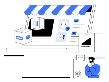 Depo önü arayüzü, alışveriş simgeleri ve satış tabelaları olan dizüstü bilgisayar kullanıcı görüntüsü sohbeti. E-ticaret, çevrimiçi alışveriş, pazar yerleri, dijital iş, müşteri desteği UXUI perakende için ideal. Düz basit