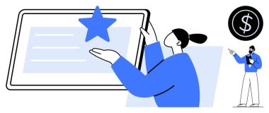 Bir dolar ikonu ve sunucusuyla dijital tablette yıldız derecesi sunan kişi. Geri bildirim, kalite değerlendirmesi, dijital içerik, müşteri değerlendirmeleri, değerlendirme, başarı, düz basit