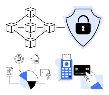 Engelleme ağı, kilitli kalkan, Bitcoin şeması, güvenli işlem makbuzu, bağlantısız ödeme kartı. Engelleme zinciri, fintech, veri güvenliği, kripto para birimi dijital ekonomi ödemesi için ideal