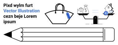 Fiyatla etiketlenmiş alışveriş çantası, terazi para ve ev değeri, büyük kalem simgesi. Finans, bütçe, alışveriş, emlak, karar verme, eğitim için ideal