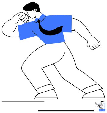 Cesur figür mavi gömlek ve kravatla dinamik bir şekilde yürüyor, enerji ve kararlılık yayıyor. İş için ideal, hırs, motivasyon, başarı, liderlik, kararlılık artışı. Düz basit metafor