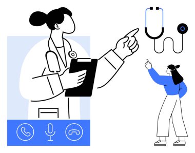 Doktor pano tutuyor ve işaret ediyor, telekomünikasyon sembolleri, stetoskop, hasta uzaktan etkileşimde. Teletıp, sağlık, uzaktan danışma, dijital sağlık, çevrimiçi hizmet için ideal