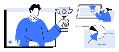 Video görüşmesi sırasında kupa tutan adam, yıldız derecelendirme arayüzü ile uğraşan kadın, pasta grafiği veri görselleştirmesi. Başarı, takım çalışması, başarı, ödül, işbirliği, verimlilik için ideal