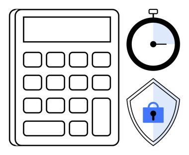 Kronometre ve kilit ikonlu bir kalkanın yanında büyük bir hesap makinesi. Mali yönetim, zaman izleme, veri güvenliği, verimlilik, bütçe, doğruluk ve dijital güvenlik konuları için ideal
