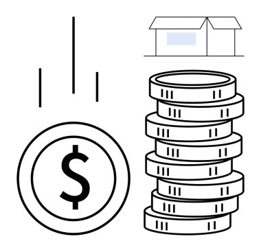 Birikmiş paralar, dolar işaretleri, yükselen barlar, ve bir ev zenginlik binasını, yatırımı, mülkiyet fonunu, ev sermayesini, tasarruf planlarını, finansal büyüme gayrimenkullerini sembolize eder. Temiz düz basit metafor
