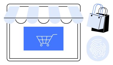 Vitrin tentesi, dijital ekranda alışveriş arabası, bitişik alışveriş torbaları ve parmak izi ikonu. E-ticaret, dijital güvenlik, fintech, tüketici davranışı, perakende eğilimleri, mobil