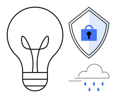 İçi filamanlı büyük bir ampul, kalkanda mavi asma kilit, güvenliği gösteriyor, bulut yağmuru. Teknoloji, koruma, yenilik, hava durumu, güvenlik, enerji yaratıcılığı kavramları için ideal