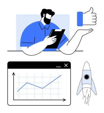 Elinde pano tutan bir iş adamı büyüme grafiğini analiz ediyor, roket ilerlemeyi gösteriyor ve el de onay veriyor. Ticari başarı, performans, onay, hedef başarı, strateji ve analitik için ideal