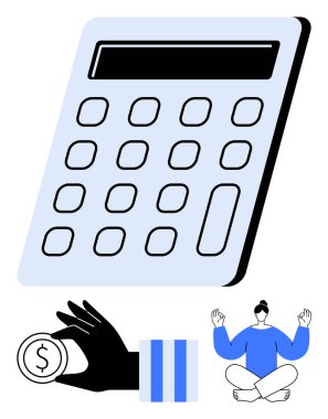 Büyük hesap makinesi, el ele tutuşan bozuk para, çapraz bacaklı meditasyon yapan biri. Finans, tasarruf, bütçe, muhasebe, farkındalık iş hayatı dengesi üretkenlik planlaması için idealdir. Düz basit metafor