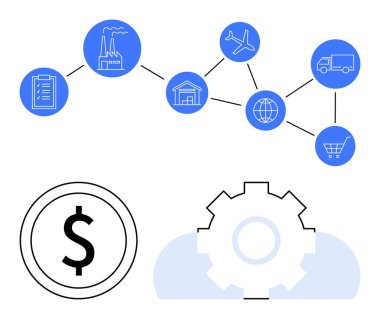 İkmal ikonları zinciri fabrika, uçak, depo, kamyon, araba ve dişli sembollü dolar işareti de dahil. Lojistik, imalat, ekonomi üretim döngüsü ticaret planlama dairesi için ideal