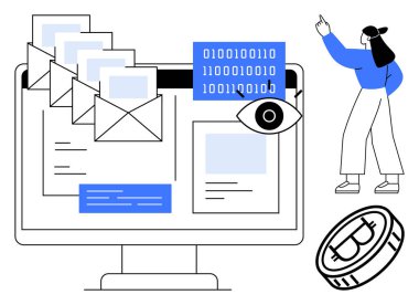 Bilgisayar monitörü e-postaları, ikili metin ve gizlilik simgesini, yakınında işaret eden bir kişi ve Bitcoin ile görüntüler. Siber güvenlik, gizlilik, engelleme zinciri, kripto para birimi, veri paylaşımı, dijital