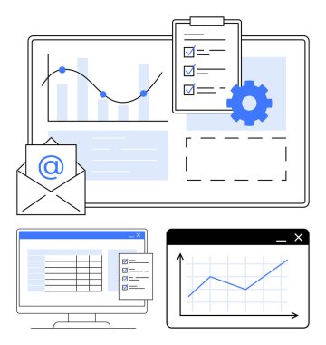 Noktalı ve satırlı veri tablosu, panodaki kontrol listesi, e- posta simgesi ve monitörlerdeki veritabanı. Üretkenlik, organizasyon, proje yönetimi, iş akışı optimizasyonu, takım koordinasyonu için ideal