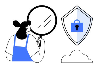 Büyüteçle inceleyen kadın, güvenlik için kalkan kilidi sembolü ve bulut simgesi. Veri gizliliği, siber güvenlik, çevrimiçi koruma, ağ güvenliği, güvenli bulut depolama, risk değerlendirmesi için ideal