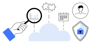 Yapboz parçaları, takvim, kullanıcı simgesi ve güvenlik kalkanıyla bağlantılı bulut verilerini analiz eden büyüteçle el. Bulut hesaplama, veri analizi, siber güvenlik, proje yönetimi ve kullanıcı için ideal