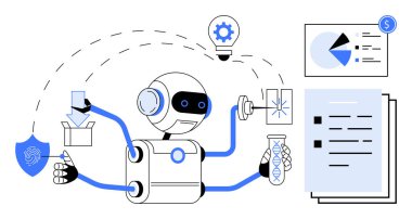 Yapay zeka robotu deneyler yapıyor, verileri analiz ediyor, üretkenliği arttırıyor ve siber güvenliği sağlıyor. Teknoloji, yenilik, yapay zeka geliştirme, araştırma, otomasyon verileri için ideal