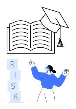 Mezuniyet şapkalı açık kitap, yığılmış RISK bloklarını gösteren kadın eğitimi, karar vermeyi ve sorun çözmeyi sembolize ediyor. Öğrenme, geliştirme, strateji ve büyüme riskleri için ideal