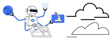 Robot etiğe göre ölçekleri dengeliyor, robot kolu kontrol ediyor, bulut hesaplamasına bağlı arayüzleri analiz ediyor. Yapay zeka, otomasyon, bulut hizmetleri, etik, yenilik, dijital sosyal yardım için ideal