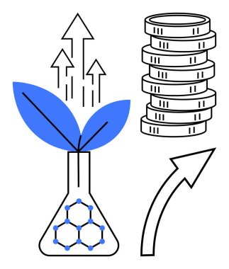 Moleküler yapısı ve bitkisi olan şişe, bozuk para yığınları, yukarı doğru oklar. Yenilik, bilim, sürdürülebilirlik, iş büyümesi, ekonomik eğilimleri finanse etmek için idealdir. Düz basit metafor