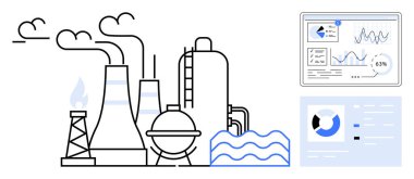 Bacaları duman, depolama tankları, alevler, su akışı ve analitik gösterge paneli olan bir fabrika. Üretim, enerji, teknoloji ve sanayi için ideal sürdürülebilirlik yeniliği bildiriyor