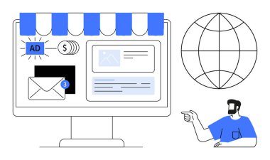 Masaüstü monitörü mağaza vitrininde reklam, e-posta ve web sayfalarını gösteriyor. Küre simgesi küresel erişimi simgeler. İşaret eden kişi nişan önerir. Çevrimiçi iş ve ekommerans için ideal