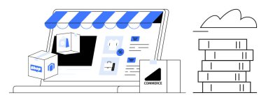 Çevrimiçi mağaza sayfası, vitrin güneşliği, ürün kutuları, paketler ve bulut deposu. E-ticaret, perakende satış, online alışveriş, bulut hesaplama teknolojisi pazarlama yeniliği için idealdir. Düz basit